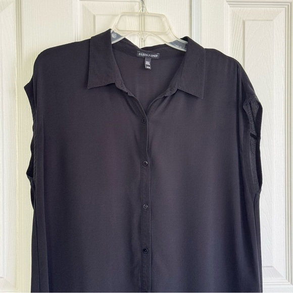 EILEEN FISHER Silk Black Shirt Dress Sleeveless Button Front Hight Low Size M - Picture 2 of 13